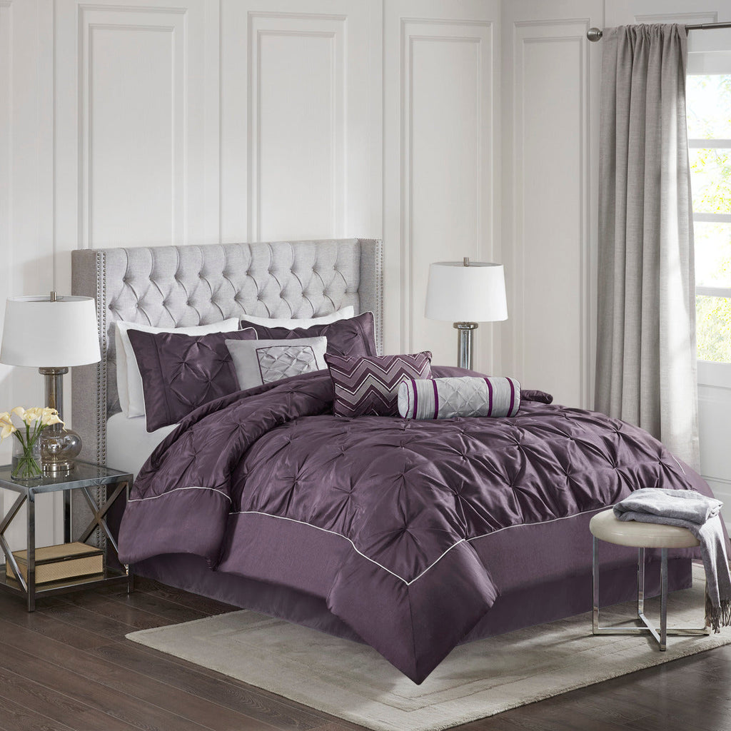 7 Piece Tufted Comforter Set in Plum for Full Beds