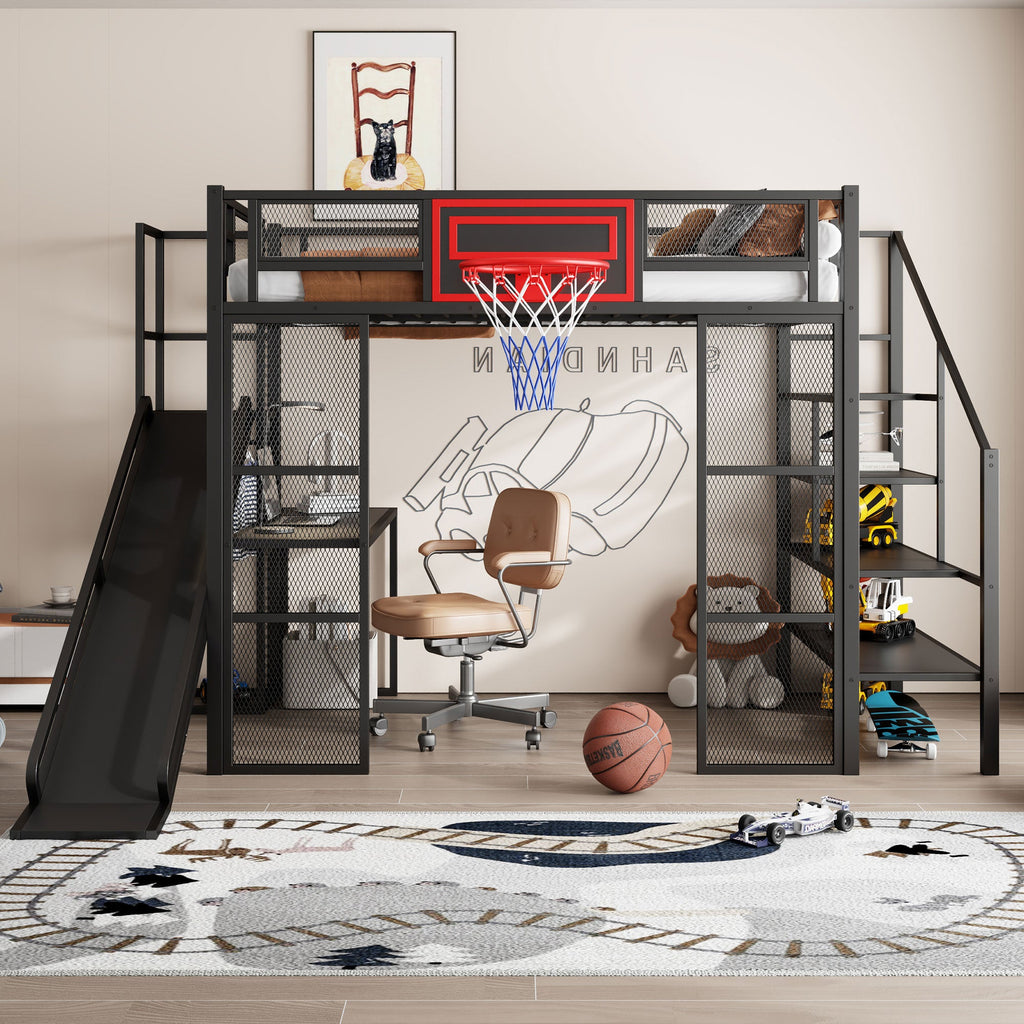 Full Size Metal Loft Bed with Built-in Desk, Open Wardrobe, Basketball Hoop, Slide and Staircase