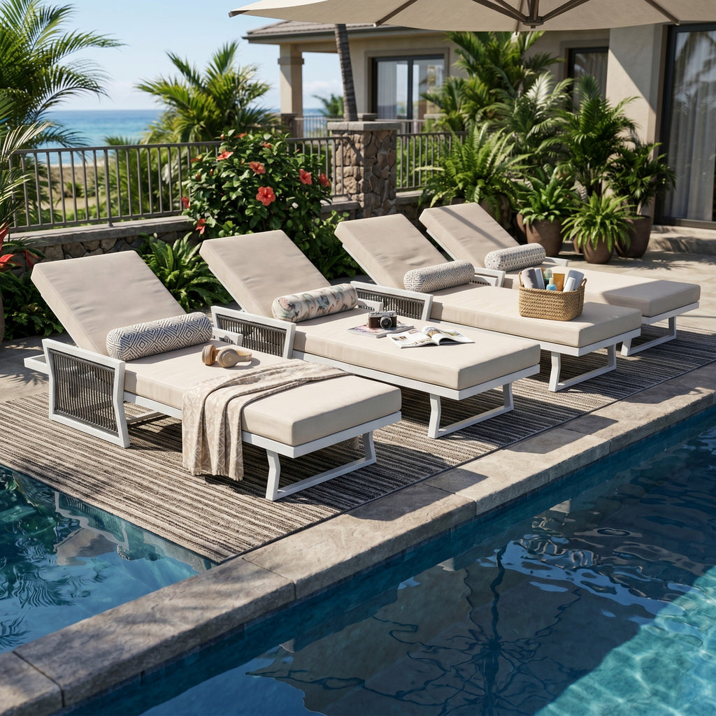 White Iron Outdoor Chaise Lounger Set