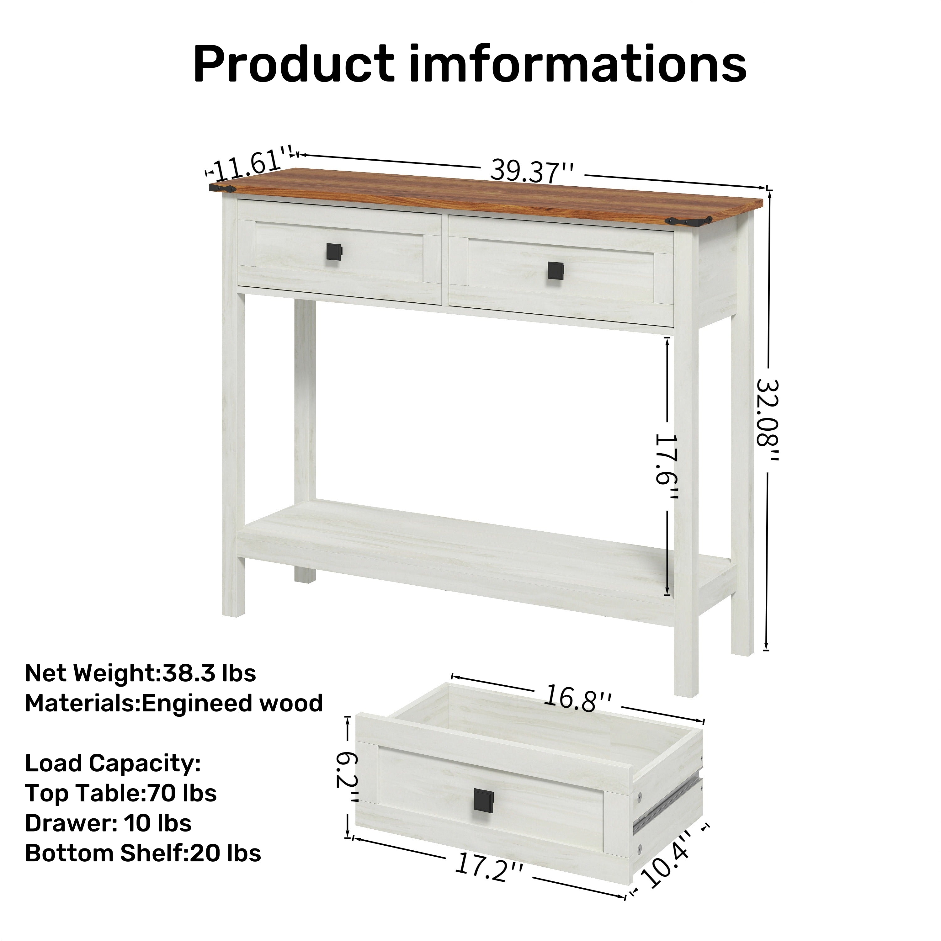 Farmhouse Style Console Table with 2 Drawers