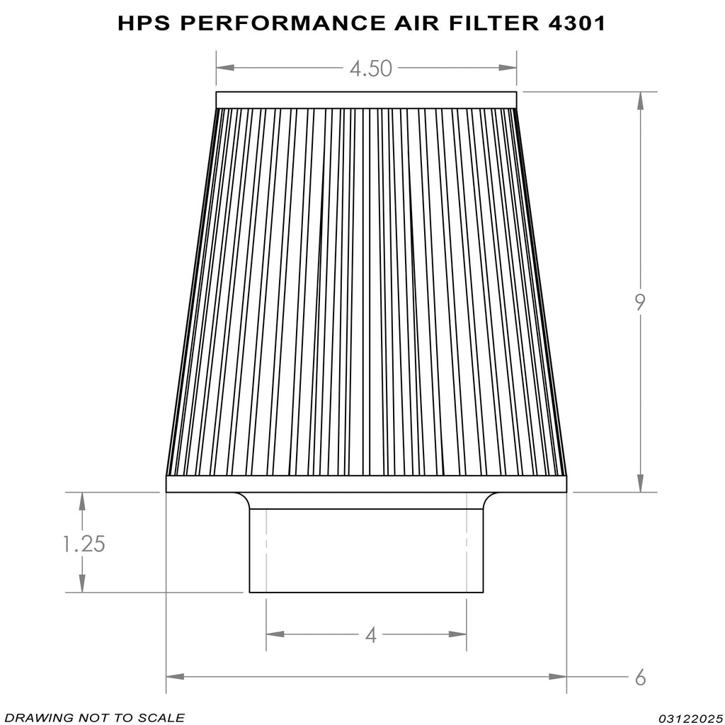 HPS Performance 4" Air Filter, 10.75" Length, 6" Base, 4.5" Top HPS-4301