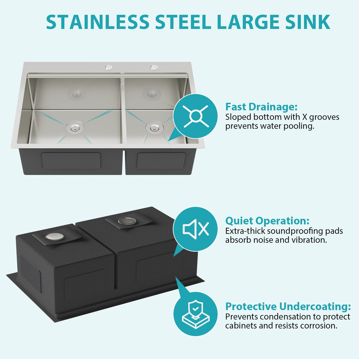 Topmount Drop-In Kitchen Sink - 33"x22" Double Bowl