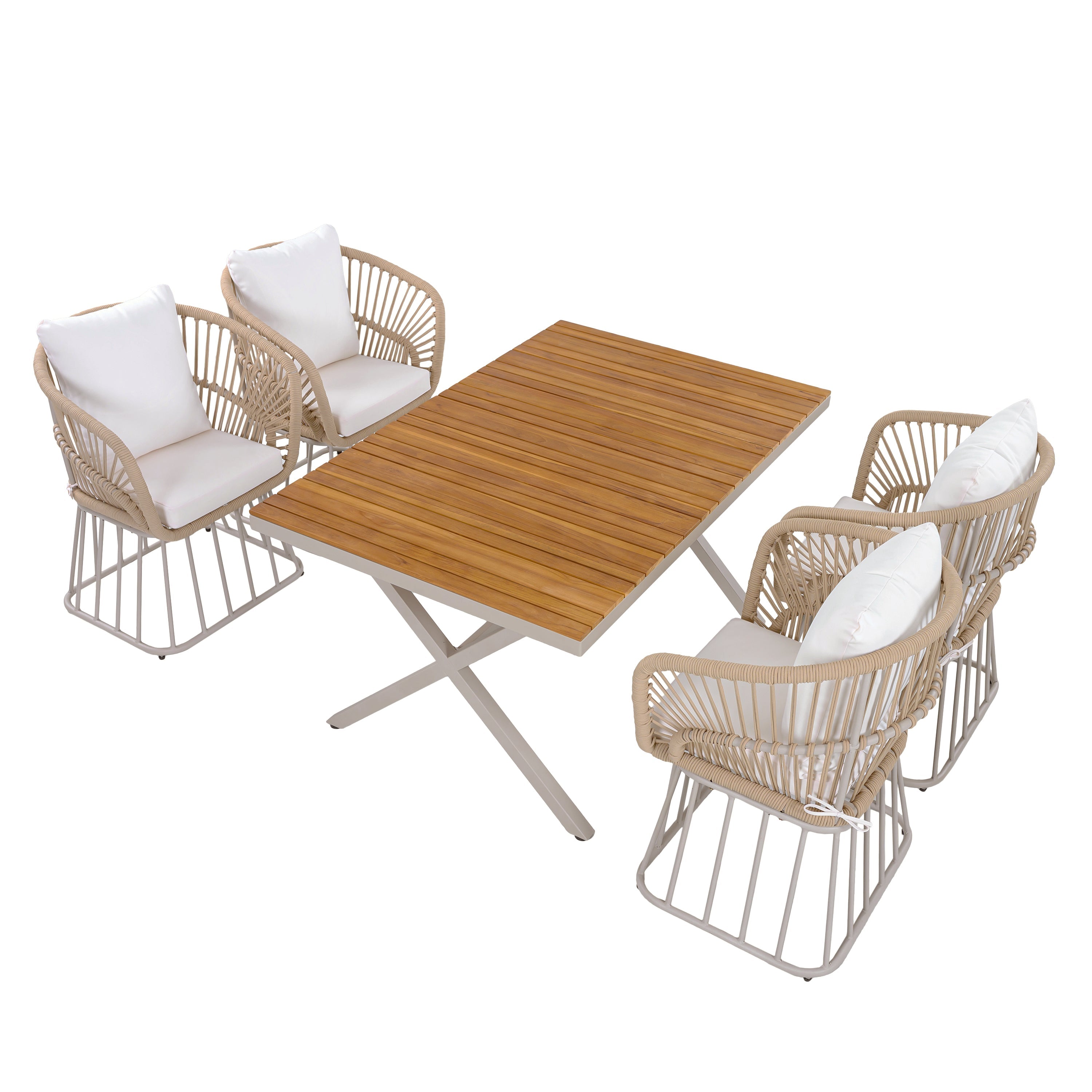 Outdoor 5-Piece Dining Set - Rectangular Teak Wood Table + 4 Wicker Chairs