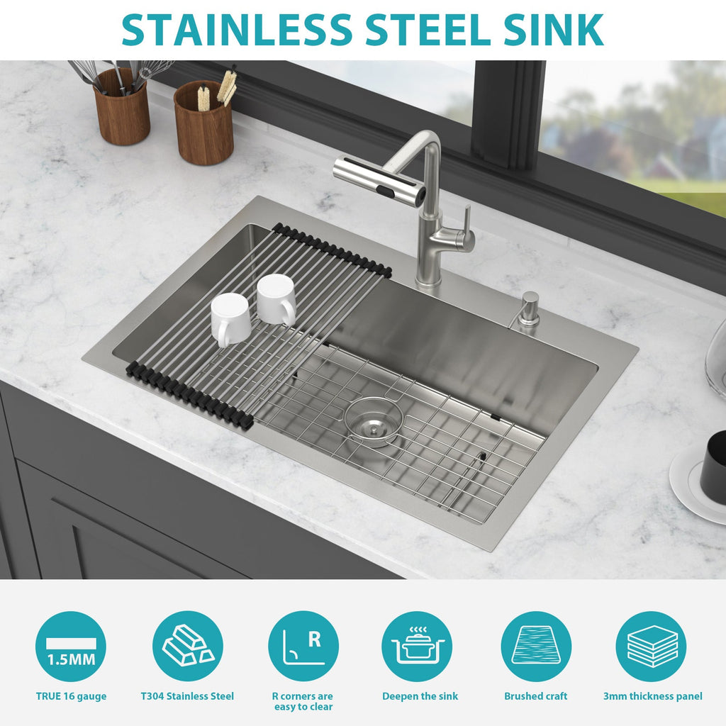 33" Drop-in Kitchen Sink with Pull-out Faucet and Soap Dispenser