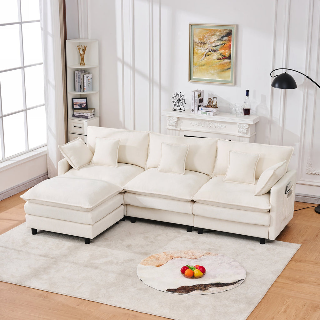 Chenille Modular Three-Seater Sofa with Movable Footstool