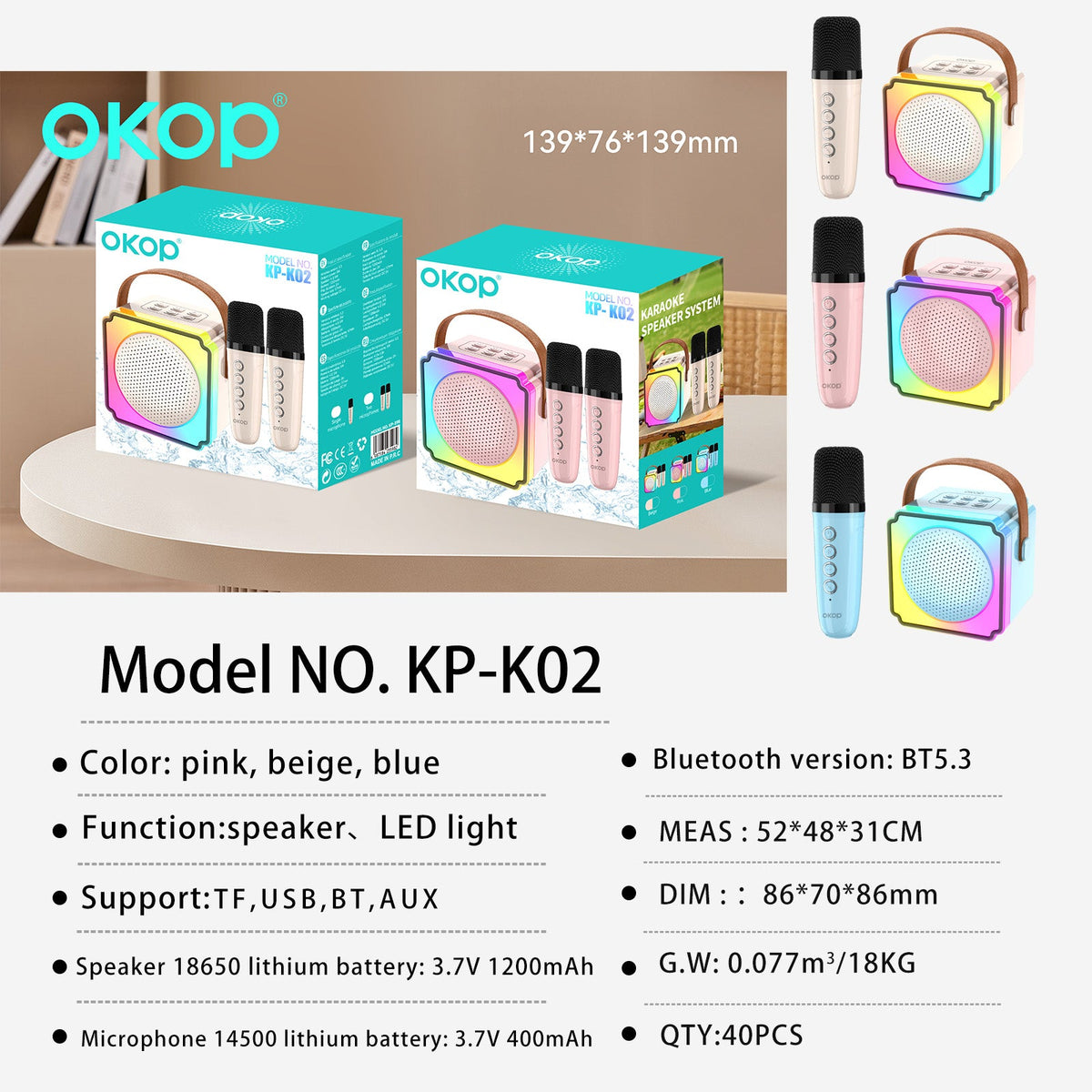 KP-K02 Best-Selling Portable Bluetooth Speaker With Wireless Karaoke Microphone Home Outdoor Use RGB Ambient Lighting In Stock