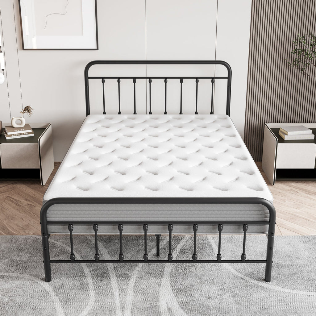 Metal Platform Bed Frame with Victorian Style Headboard