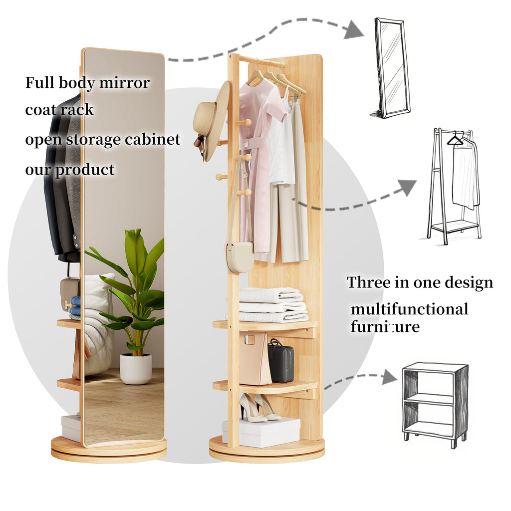 360° Rotating Multifunctional Full Length Mirror with Hook Storage Rack