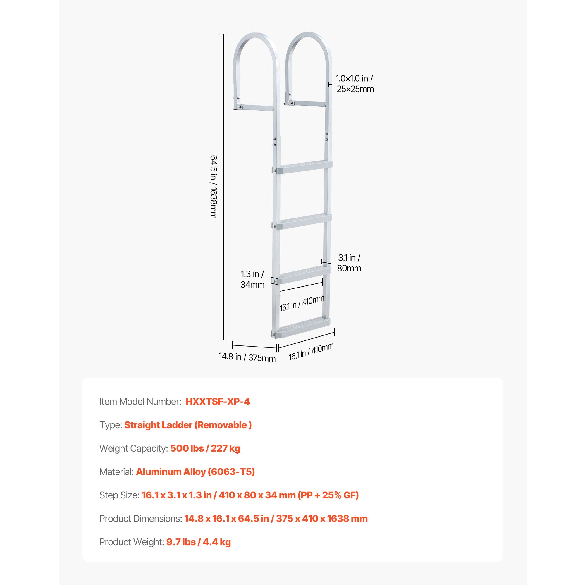 Removable Dock Ladder - 4 Steps for Boats and Pools