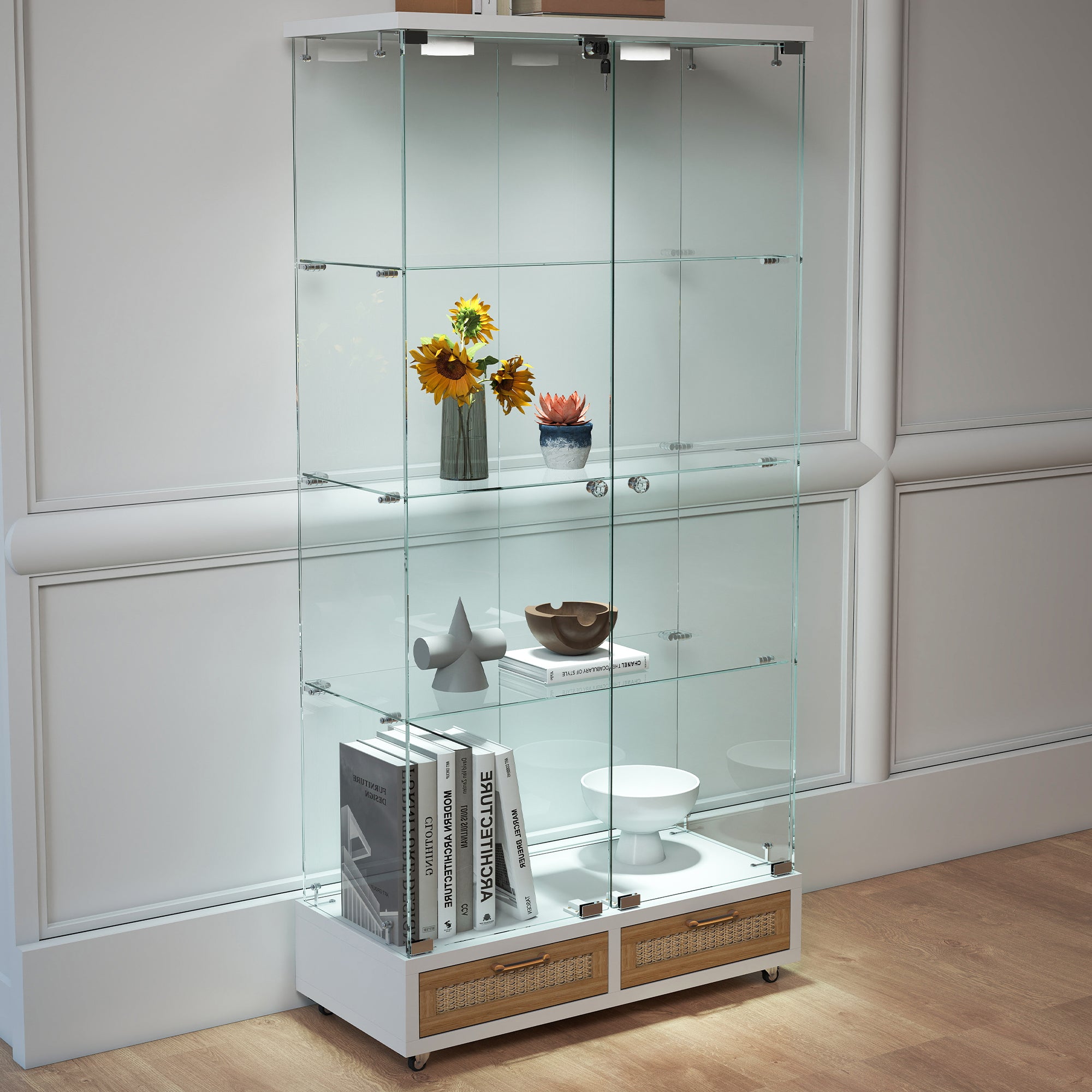 Modern Glass Display Cabinet with Large Drawers