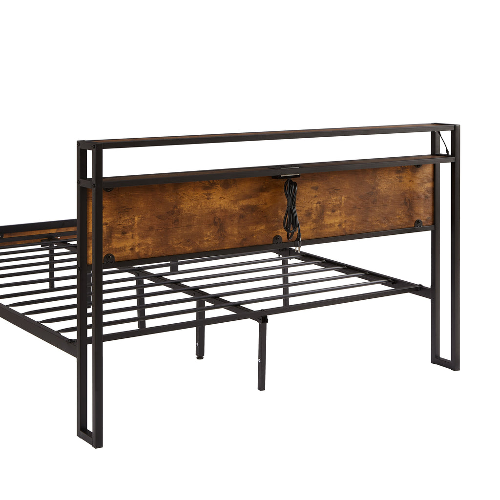 Full Size Metal Platform Bed Frame with Wooden Headboard