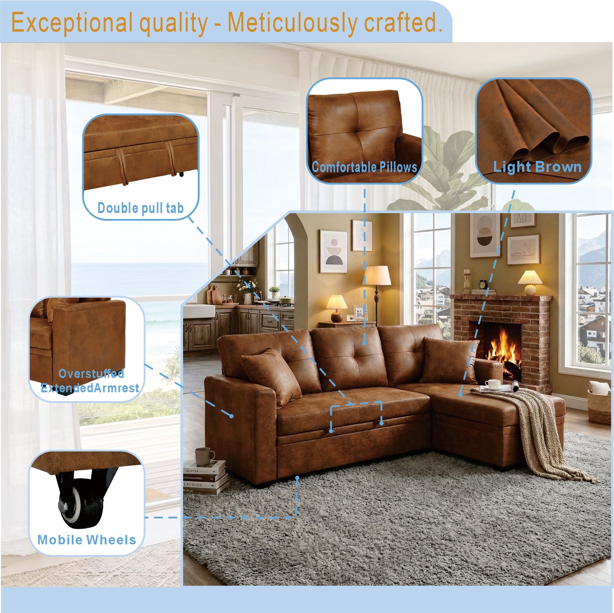 Sleeper Sofa with Reversible Chaise and Storage