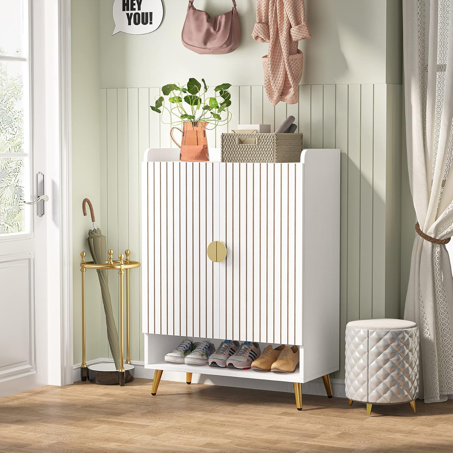 29.6" White and Gold Shoe Cabinet