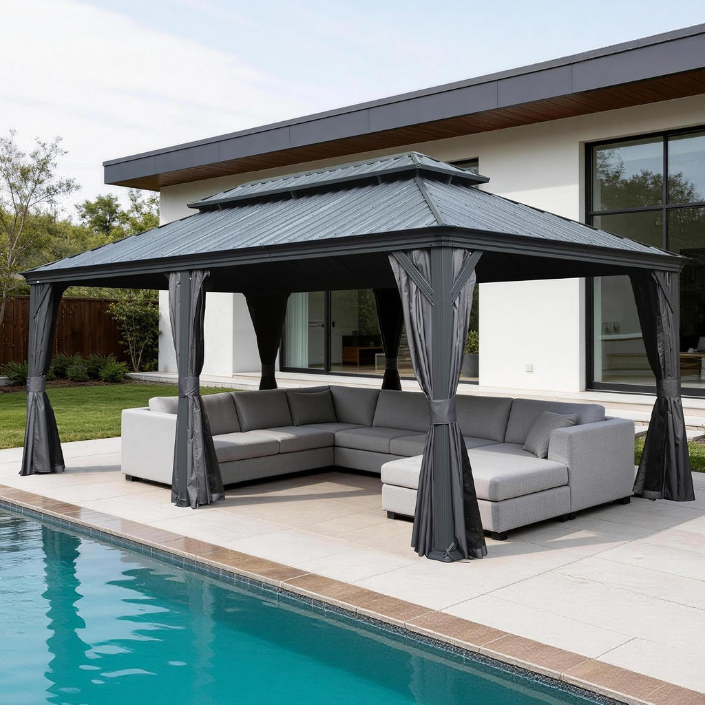 12x24FT Outdoor Gazebo with Galvanized Steel Double Roof