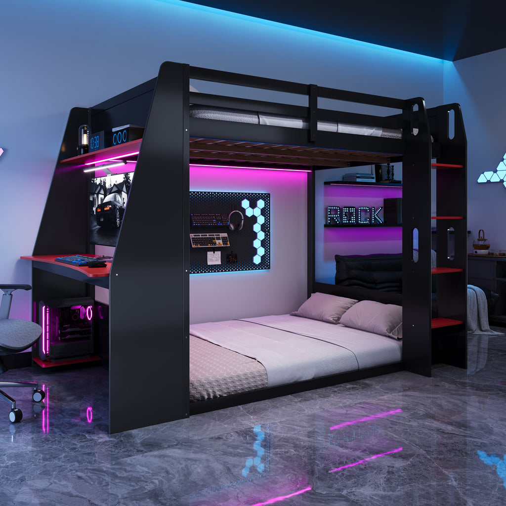 Full Size Wooden Gaming Bunk Bed with Desk and Storage