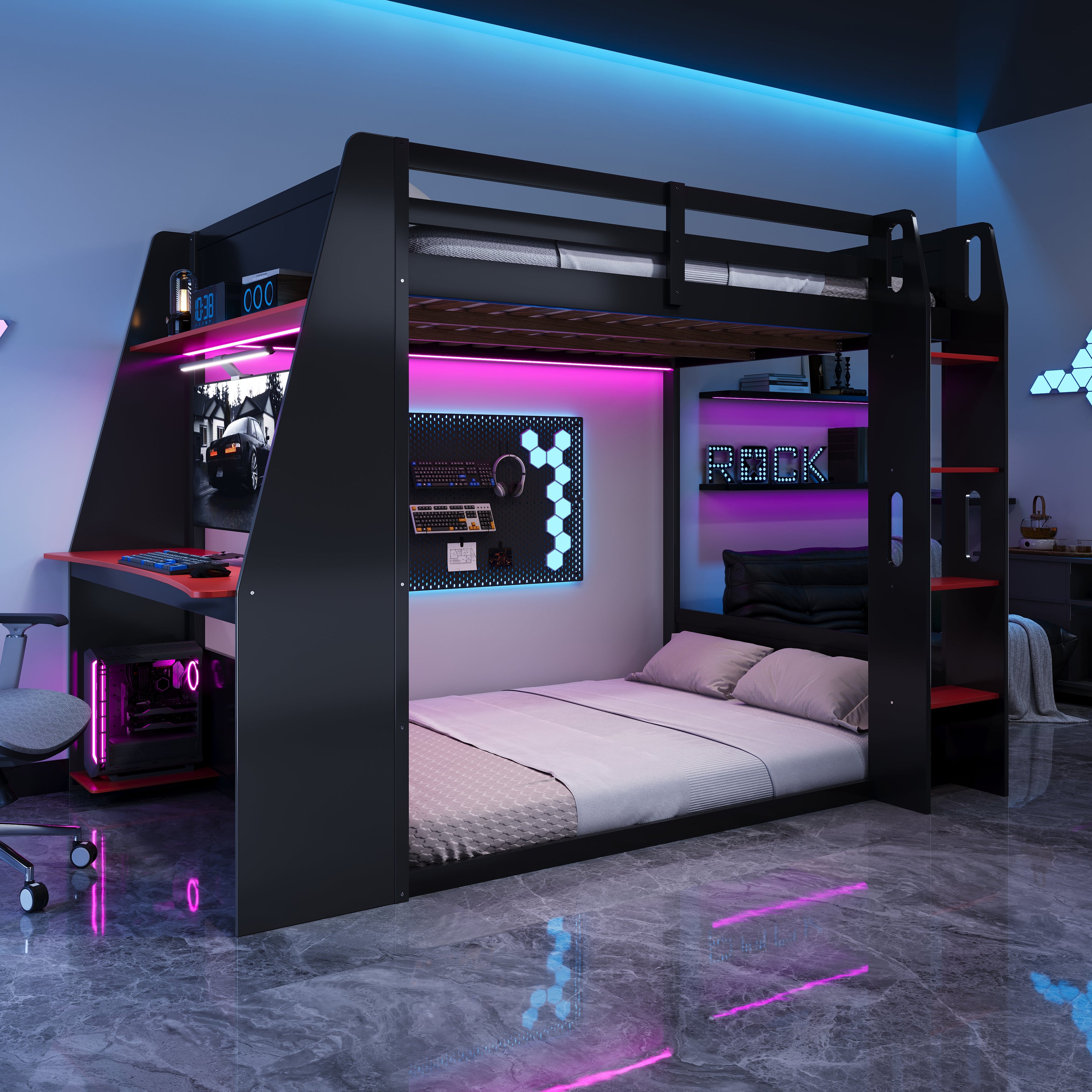 Full Size Wooden Gaming Bunk Bed with Desk and Storage