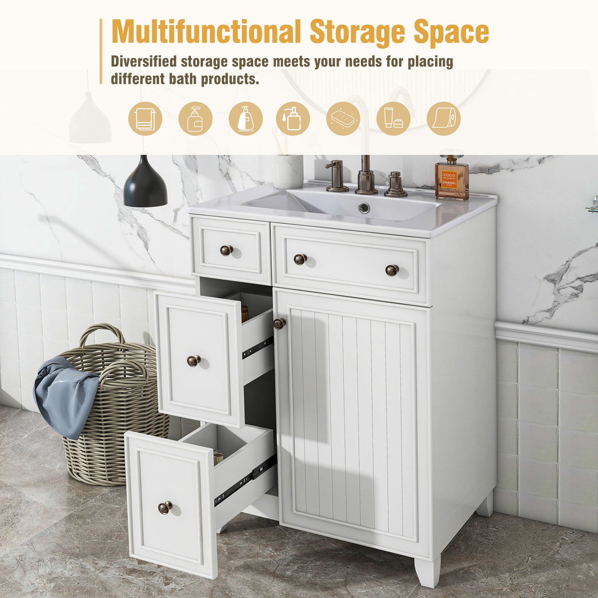 24-Inch Bathroom Vanity Cabinet with Ceramic Sink, 2 Drawers, 1 Door