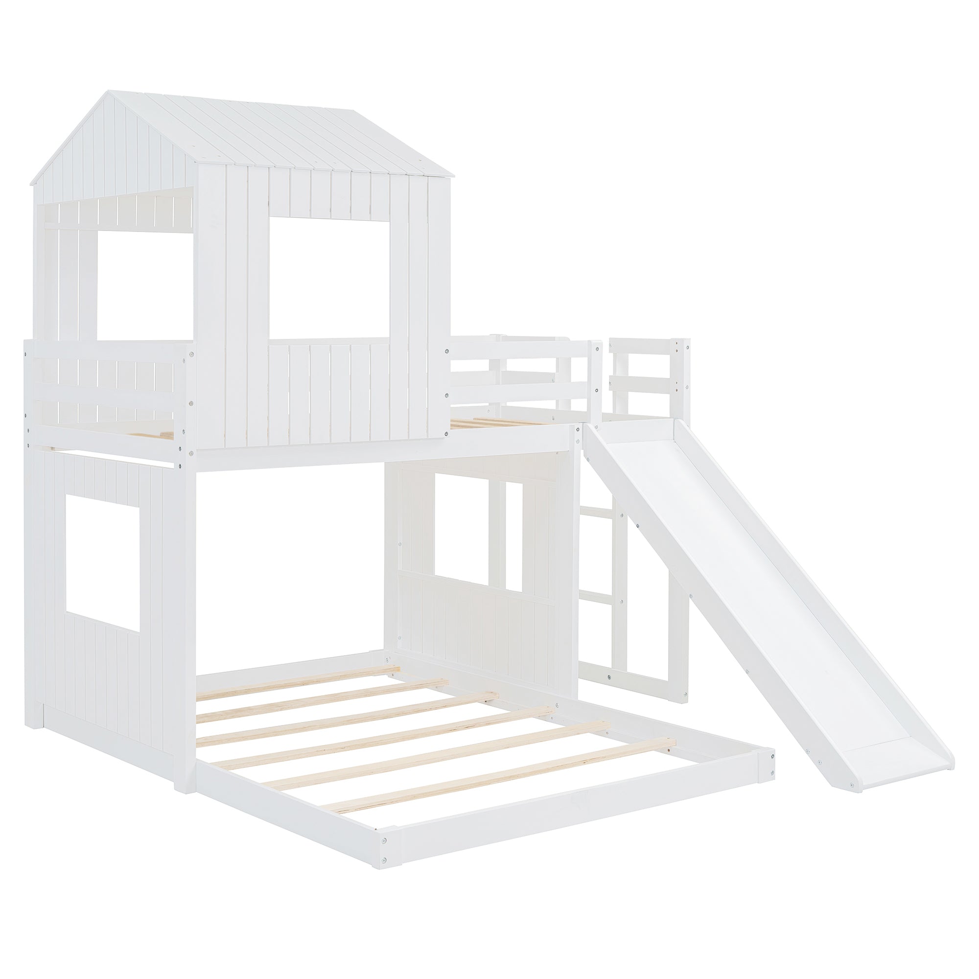 Wooden Twin Over Full Bunk Bed with Playhouse