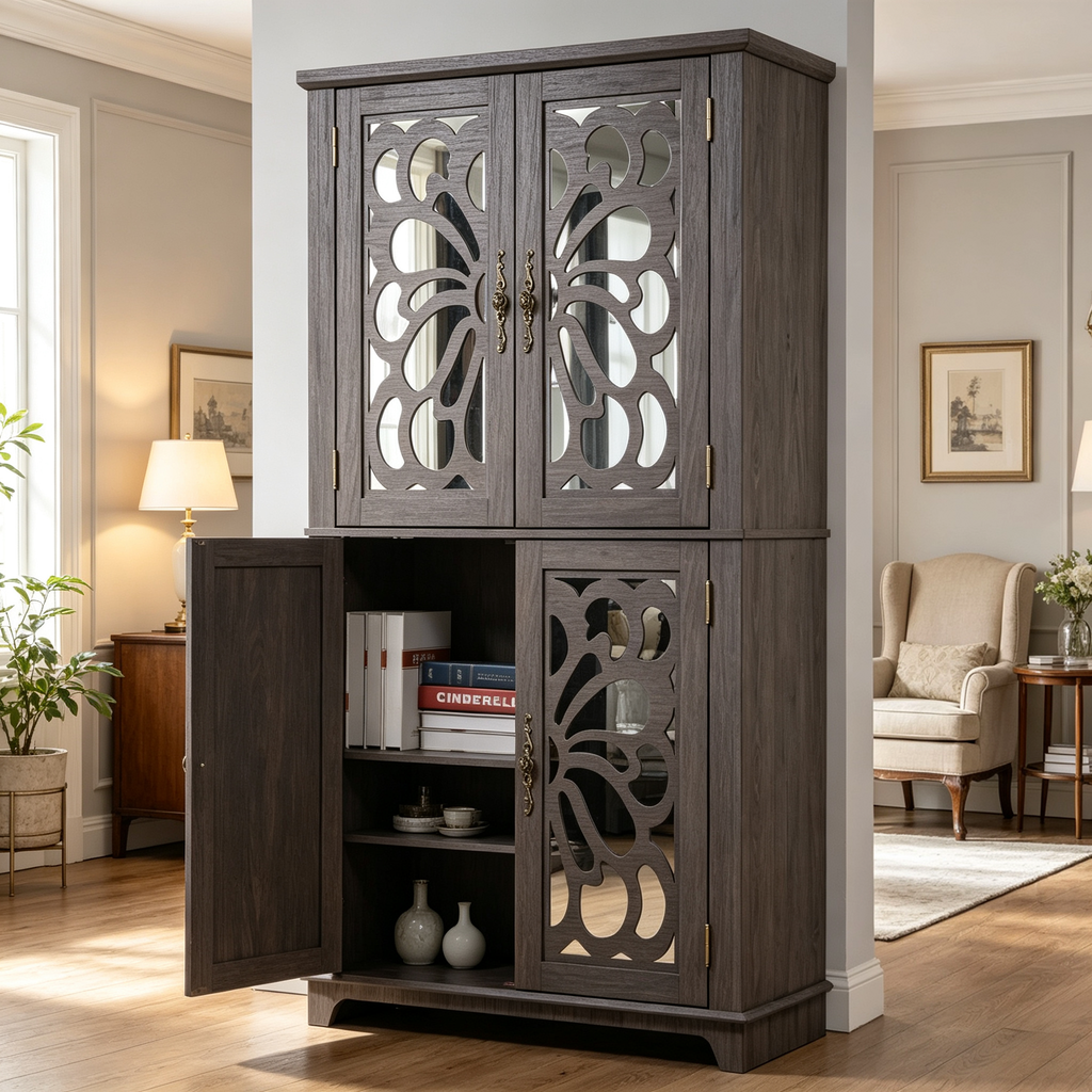 Display Sideboard Buffet with 4 Acrylic Mirrored Doors