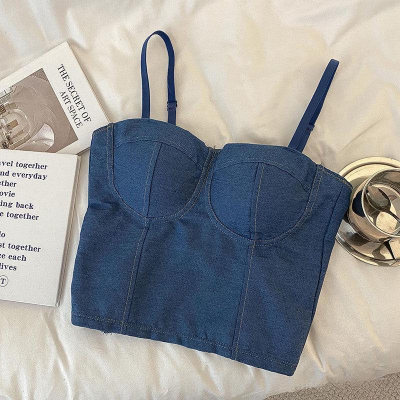 Retro Distressed Denim Small Vest Camisole Base Top