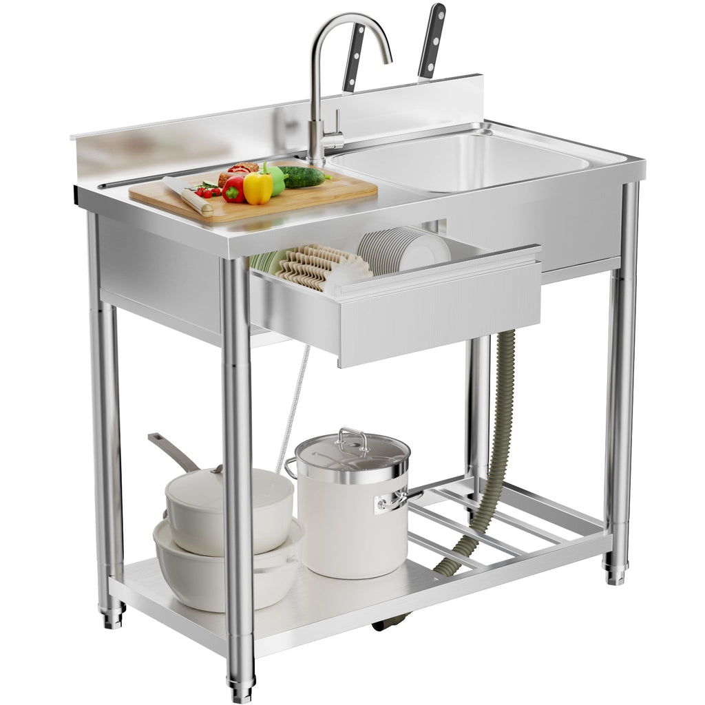 304 Stainless Steel Outdoor Utility Sink With Workbench & Storage Shelf