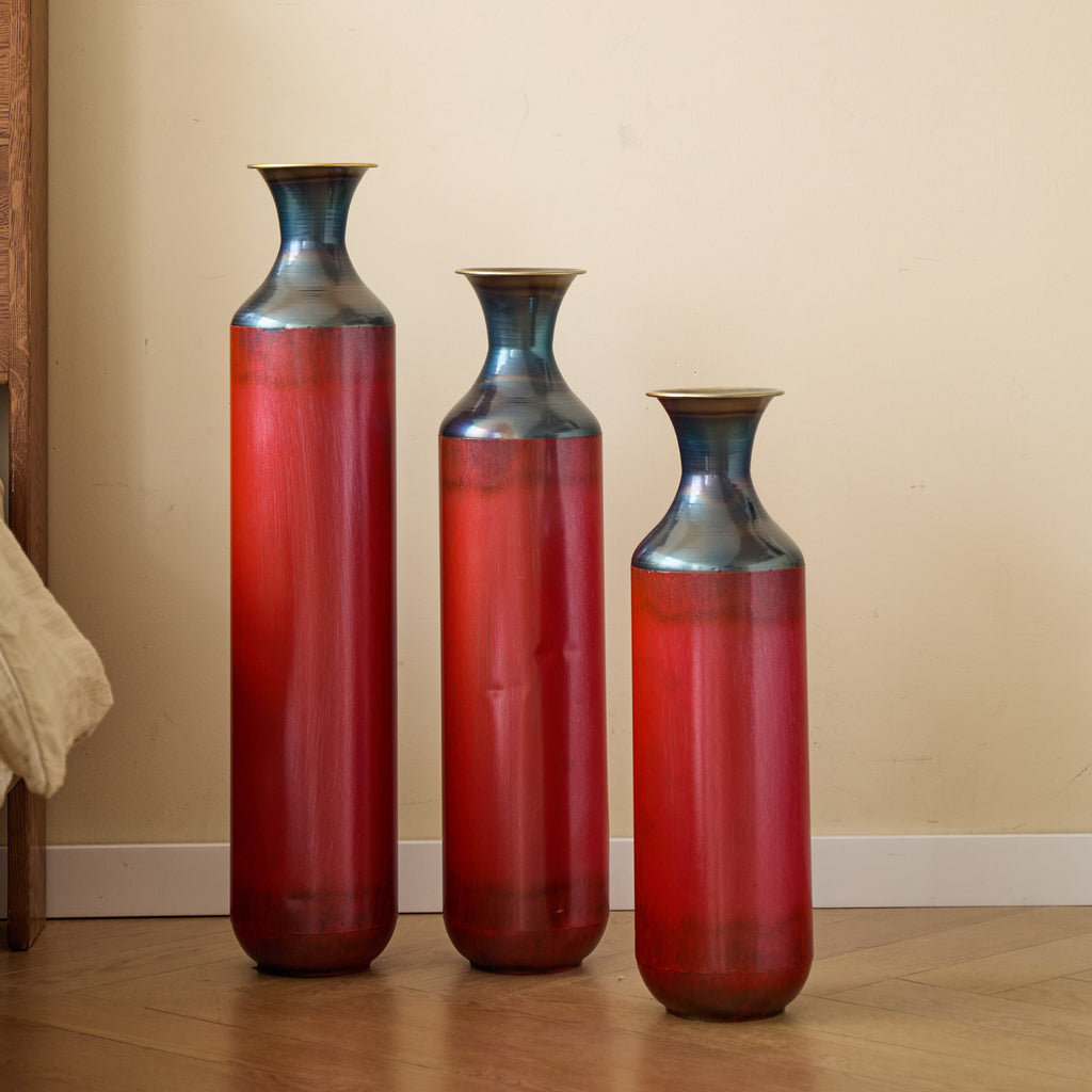 Artisanal Fire-Finished Metal Vases, Set of 3