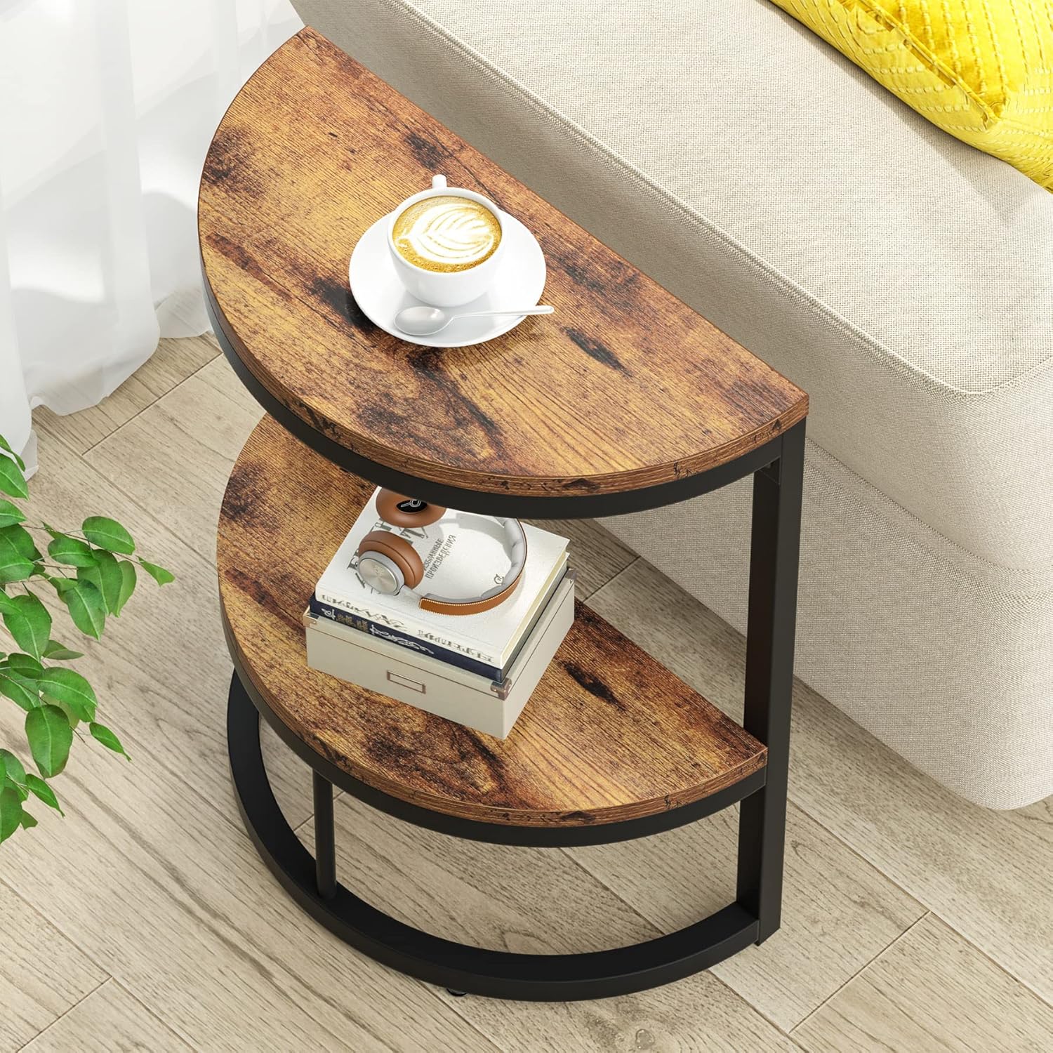 Slim Half Moon 2-Tier Semi-Circle End Table, 19.69" Rustic