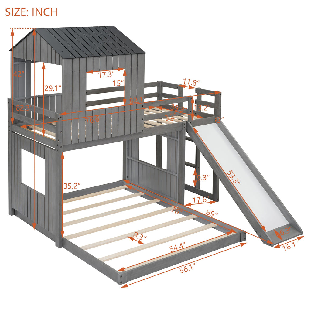 Wooden Twin Over Full Bunk Bed with Playhouse
