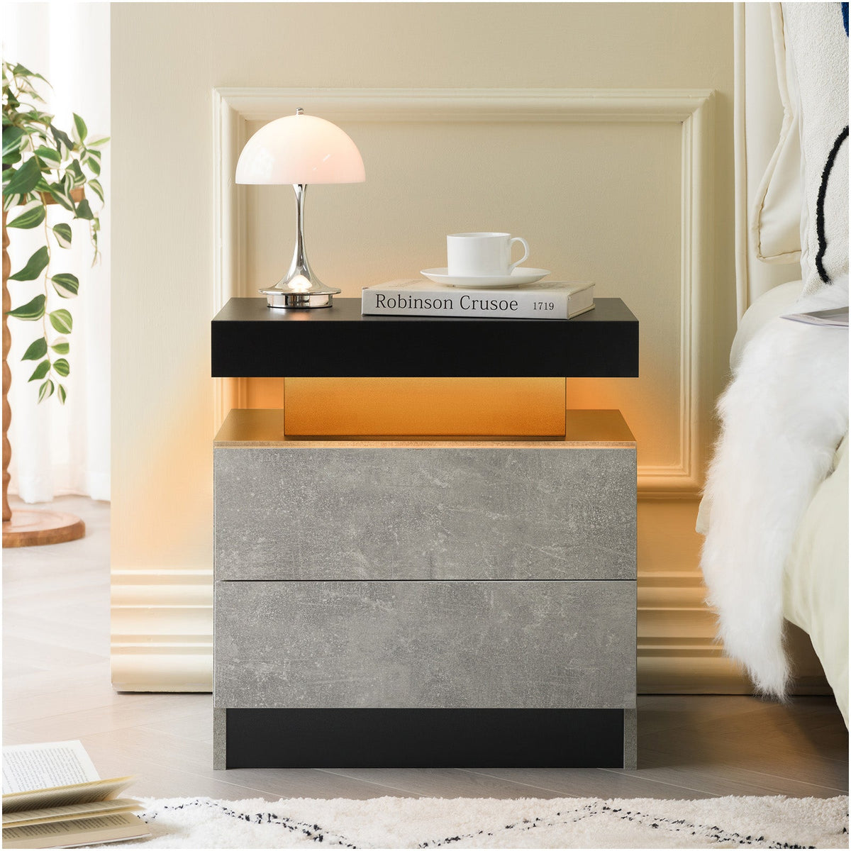 Modern LED Nightstand Bedside Table with 2 Drawers