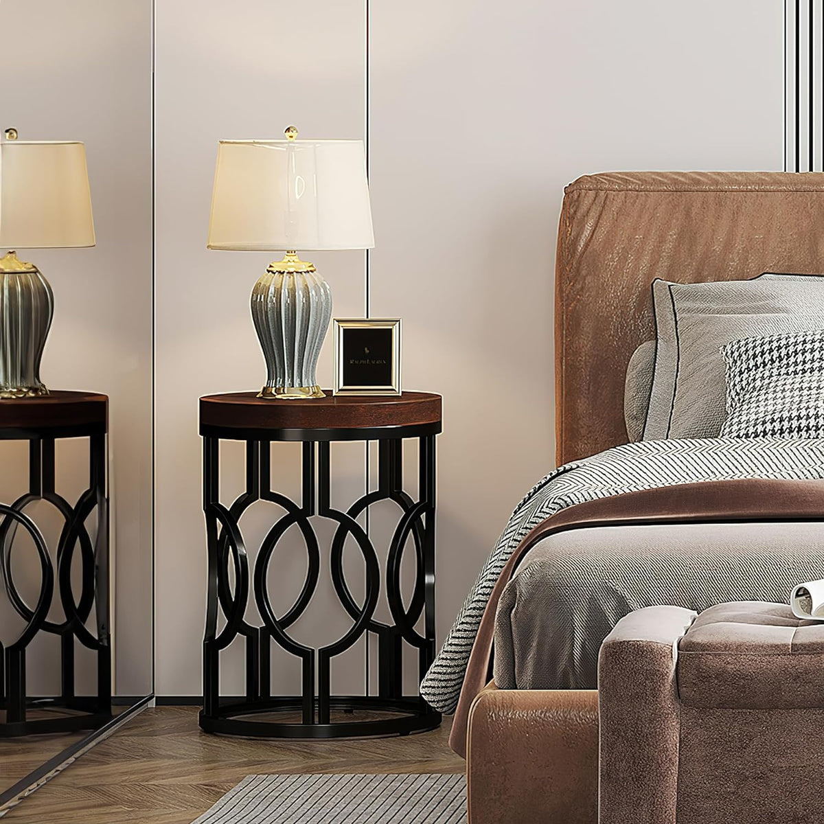20" Round Industrial Side Table with Metal Openwork Frame