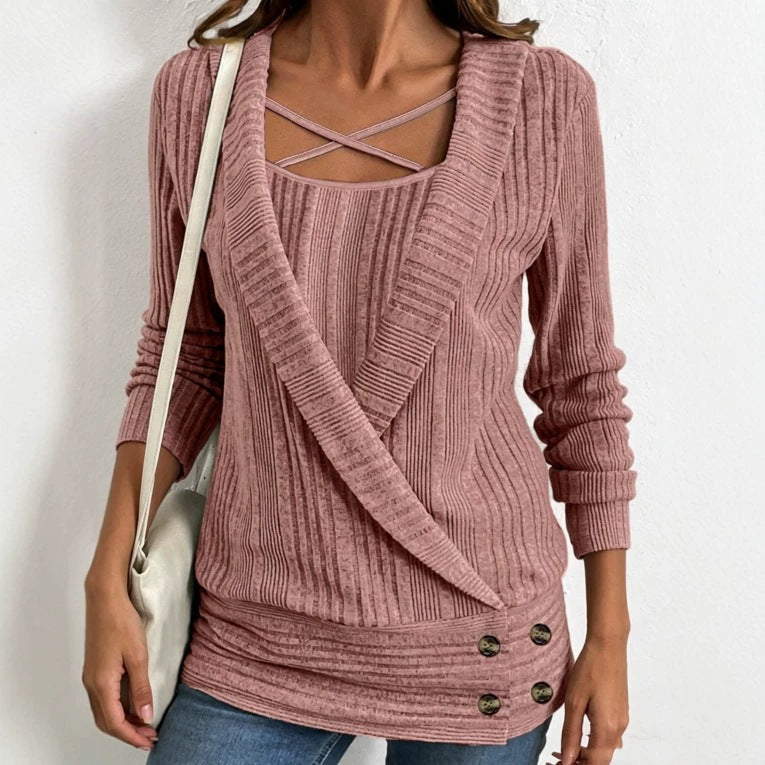 Womens Ribbed Long-sleeve Knit Undershirt With Crisscross Straps