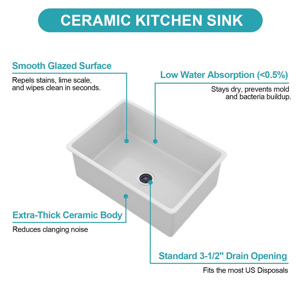 27"x19"x10" Undermount Single Bowl Fireclay Kitchen Sink