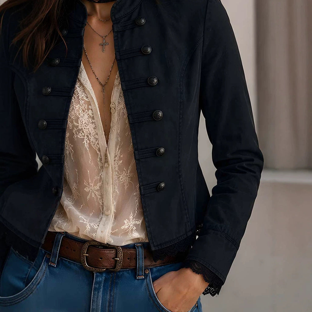 Vintage Double-Breasted Short Coat Womens Stand-Neck Jacket