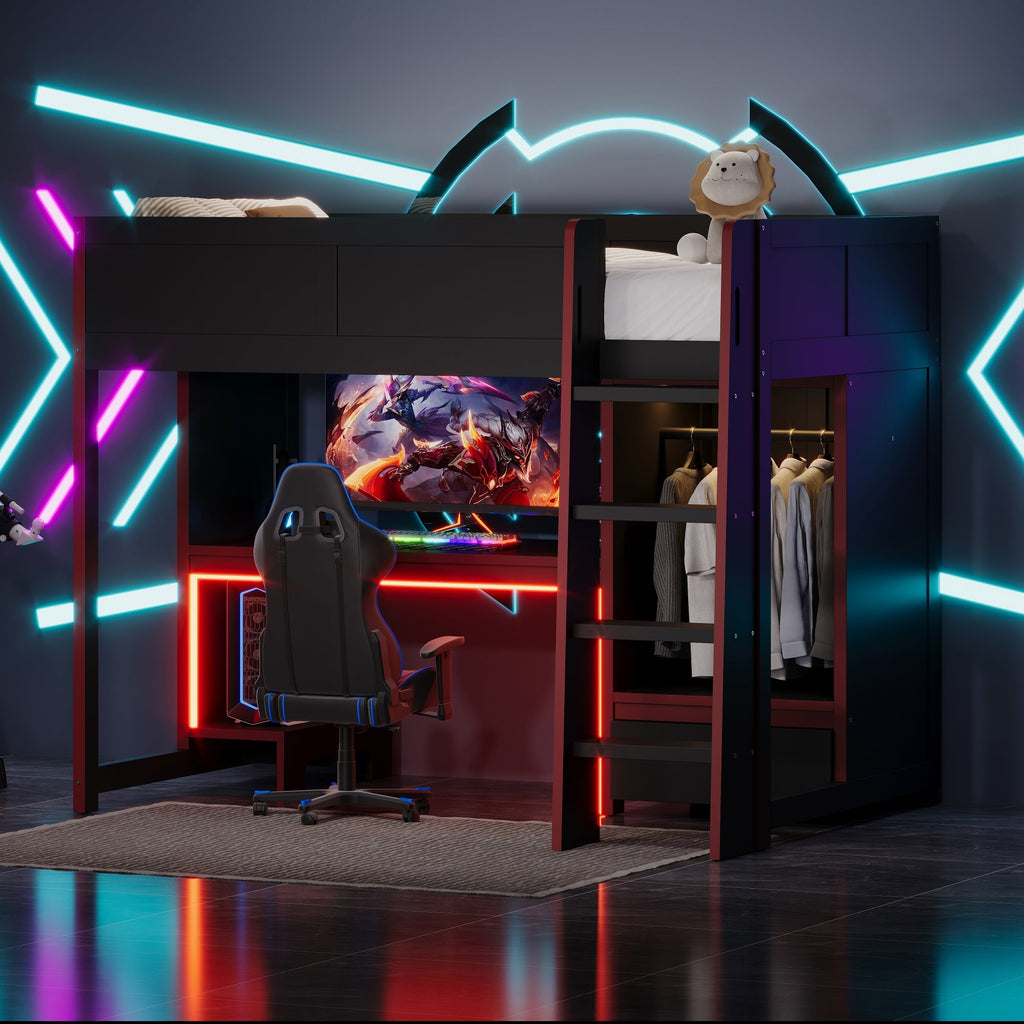Wood Twin Size Gaming Loft Bed with Built-in Desk, Wardrobe, LED and a Drawer