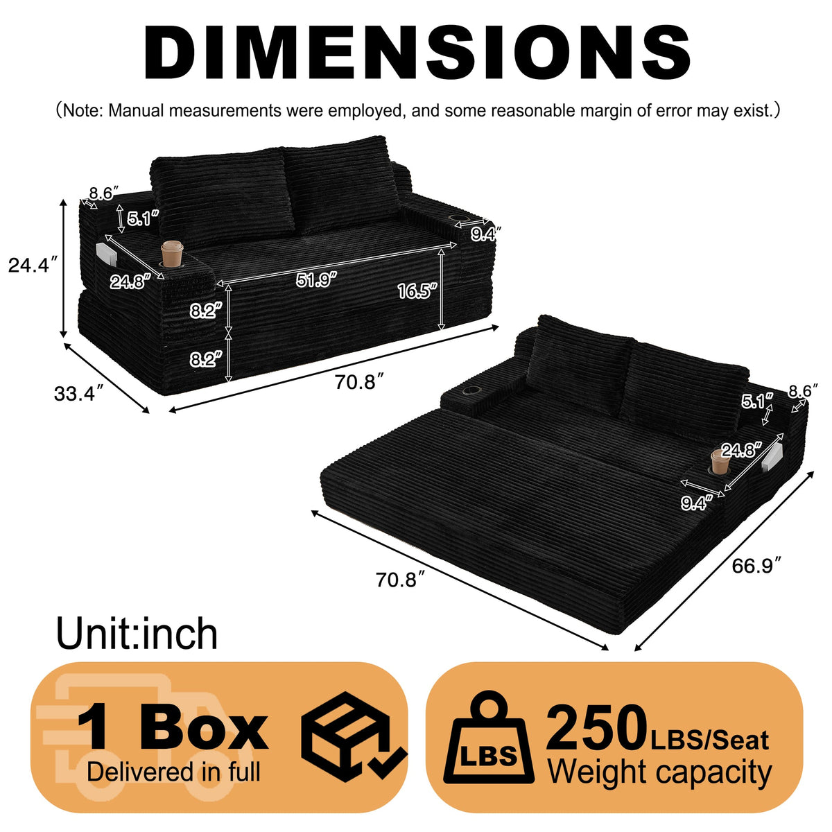 70.8-Inch Corduroy Two-in-One Sofa Bed with Lounge Chair
