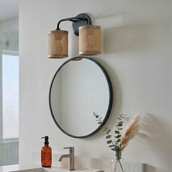 Quell Double Light Vanity With Natural Rattan Shade