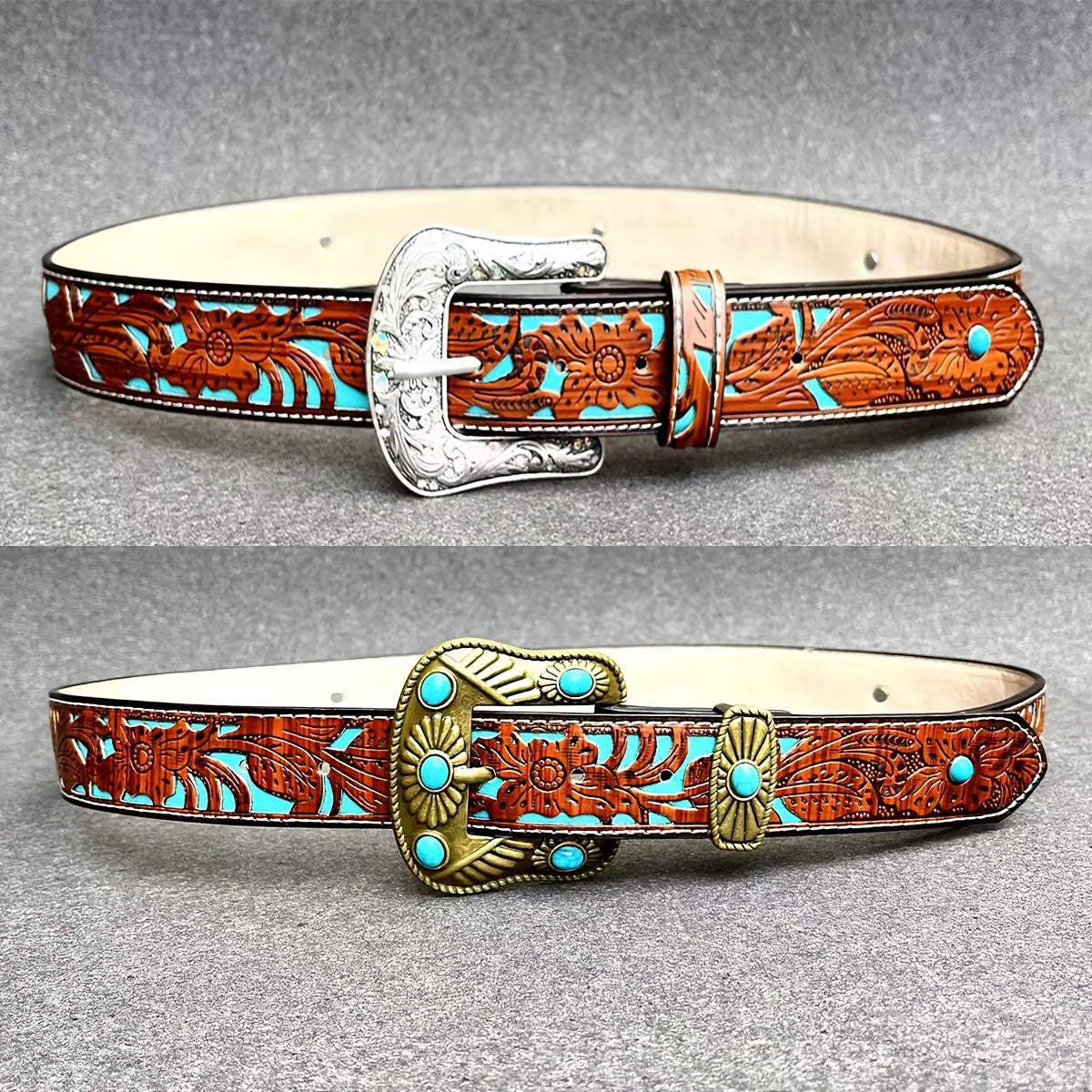 Versatile Spring, Summer, Autumn, And Winter New European And American Western Style Carved Belt, Can Be Paired With Jeans, Leather Belt, Turquoise