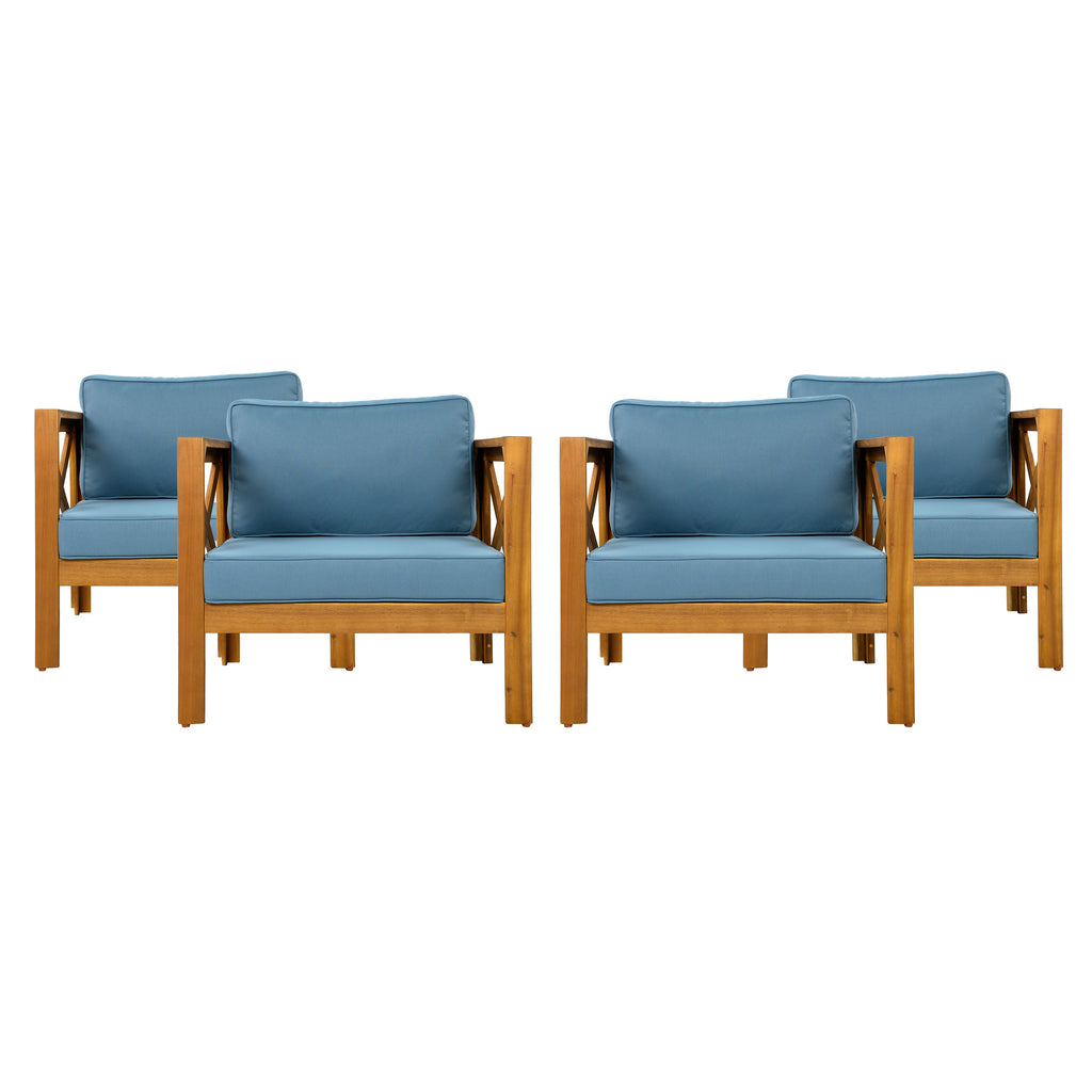 Outdoor Acacia Wood Club Wooden Armchair with Cushions (Set of 4)