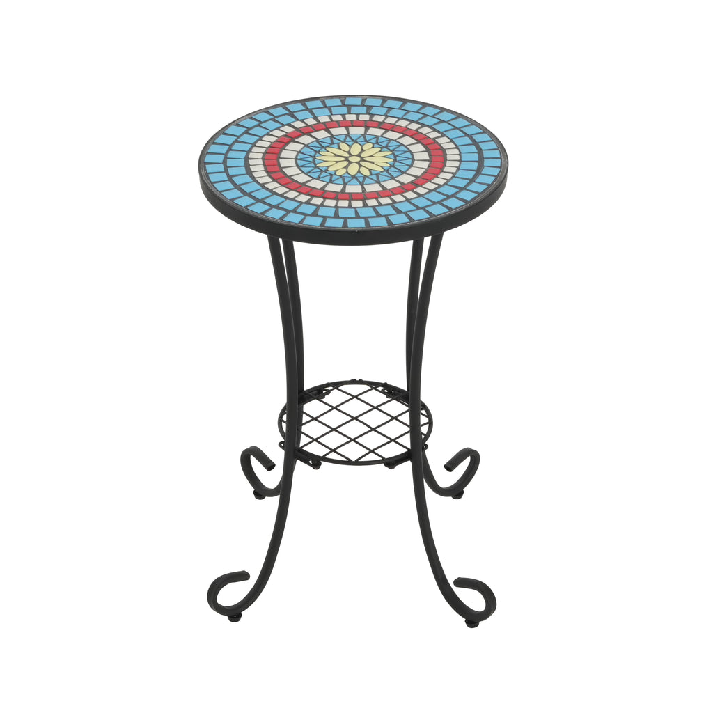 Patio Side Table with Shelf, Blue + Black