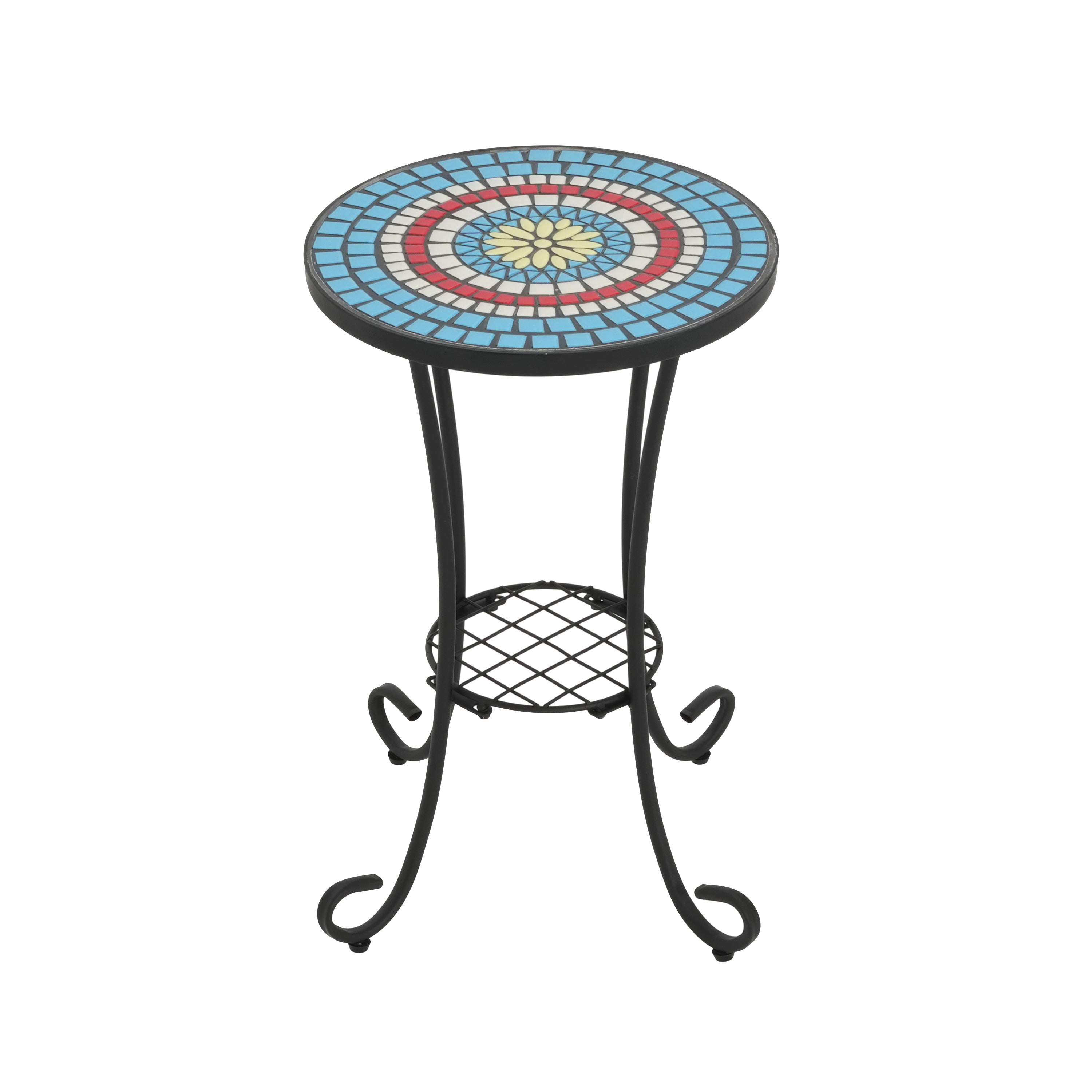 Patio Side Table with Shelf, Blue + Black