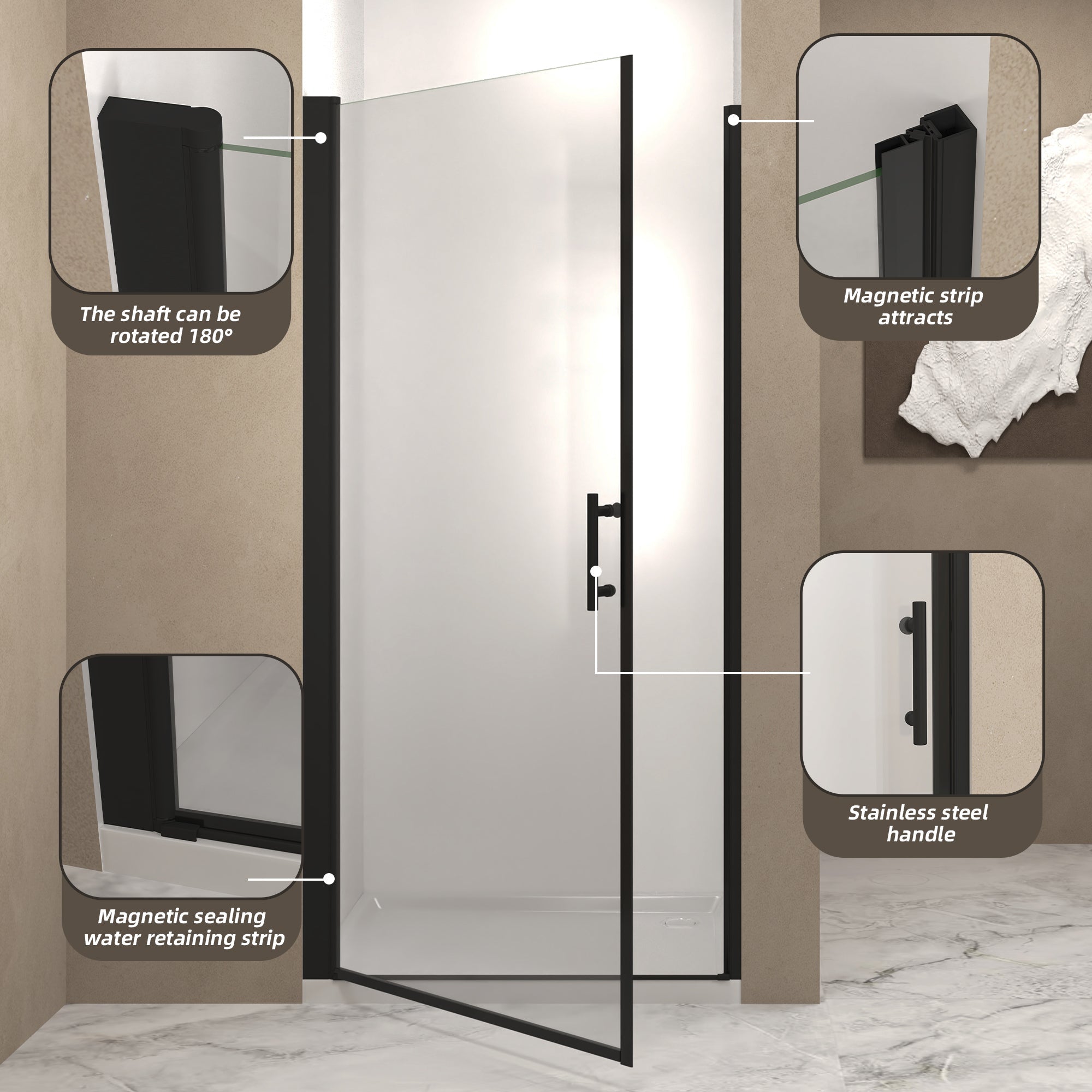 36"x 72" Pivot Shower Door, Matte