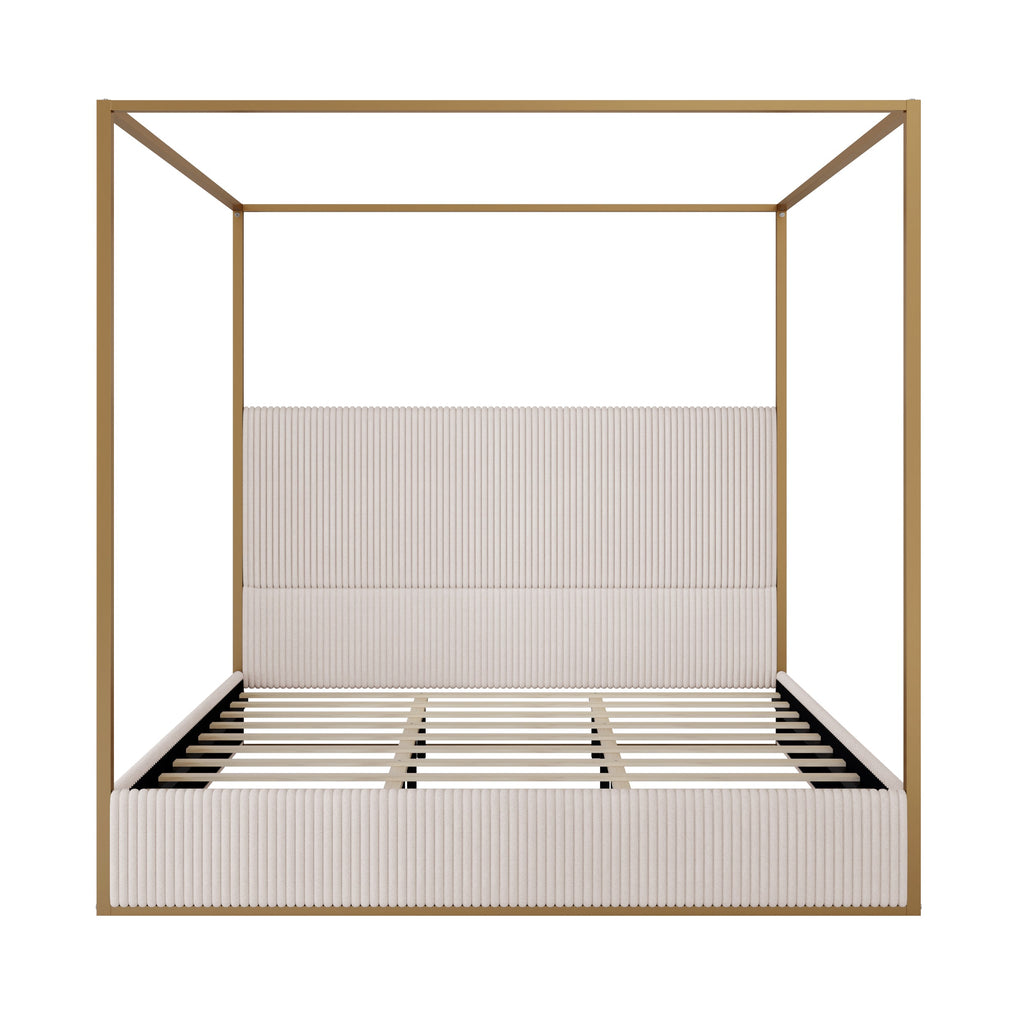 Modern Luxury Metal Canopy Bed with Tall Corduroy Upholstered Headboard