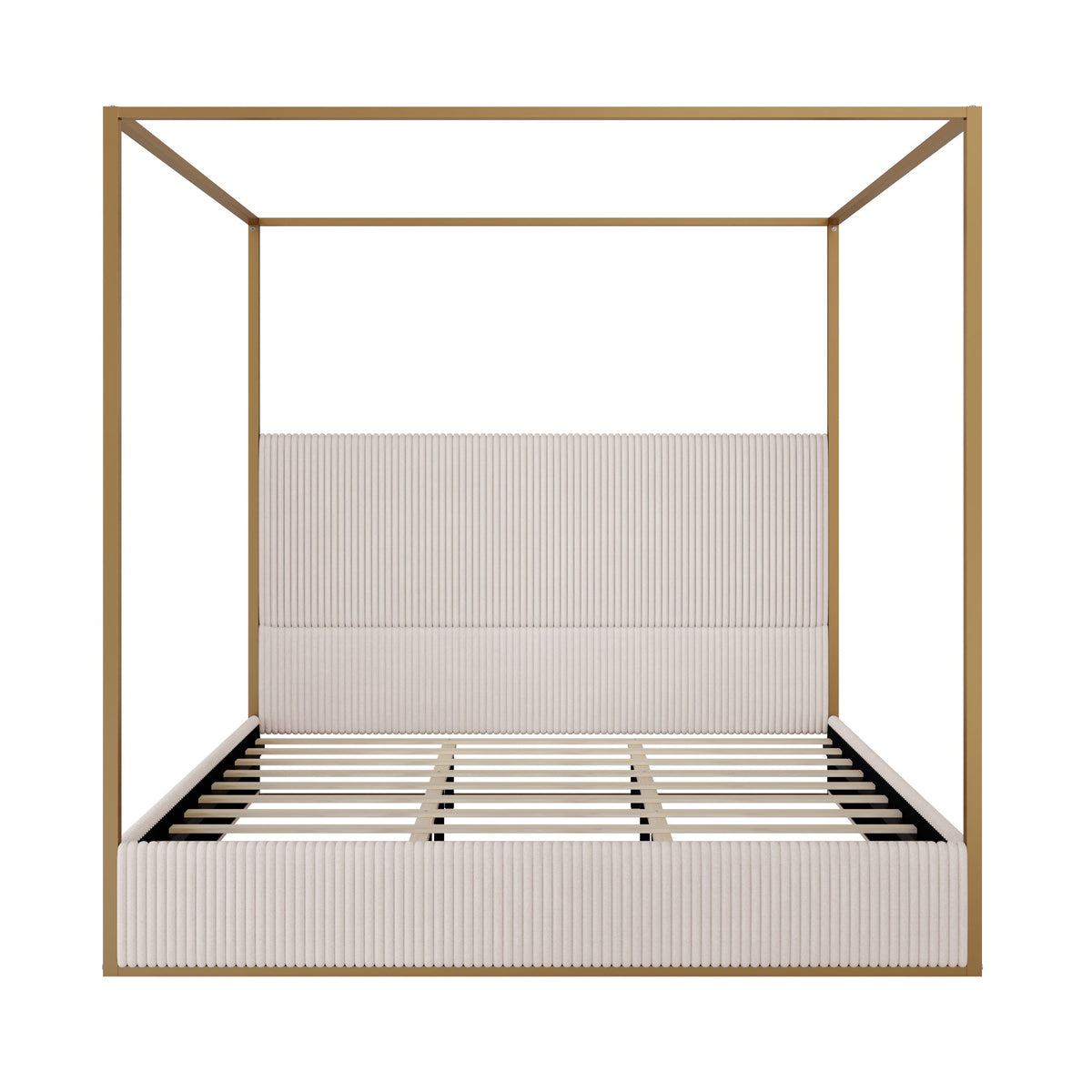 Modern Luxury Metal Canopy Bed with Tall Corduroy Upholstered Headboard