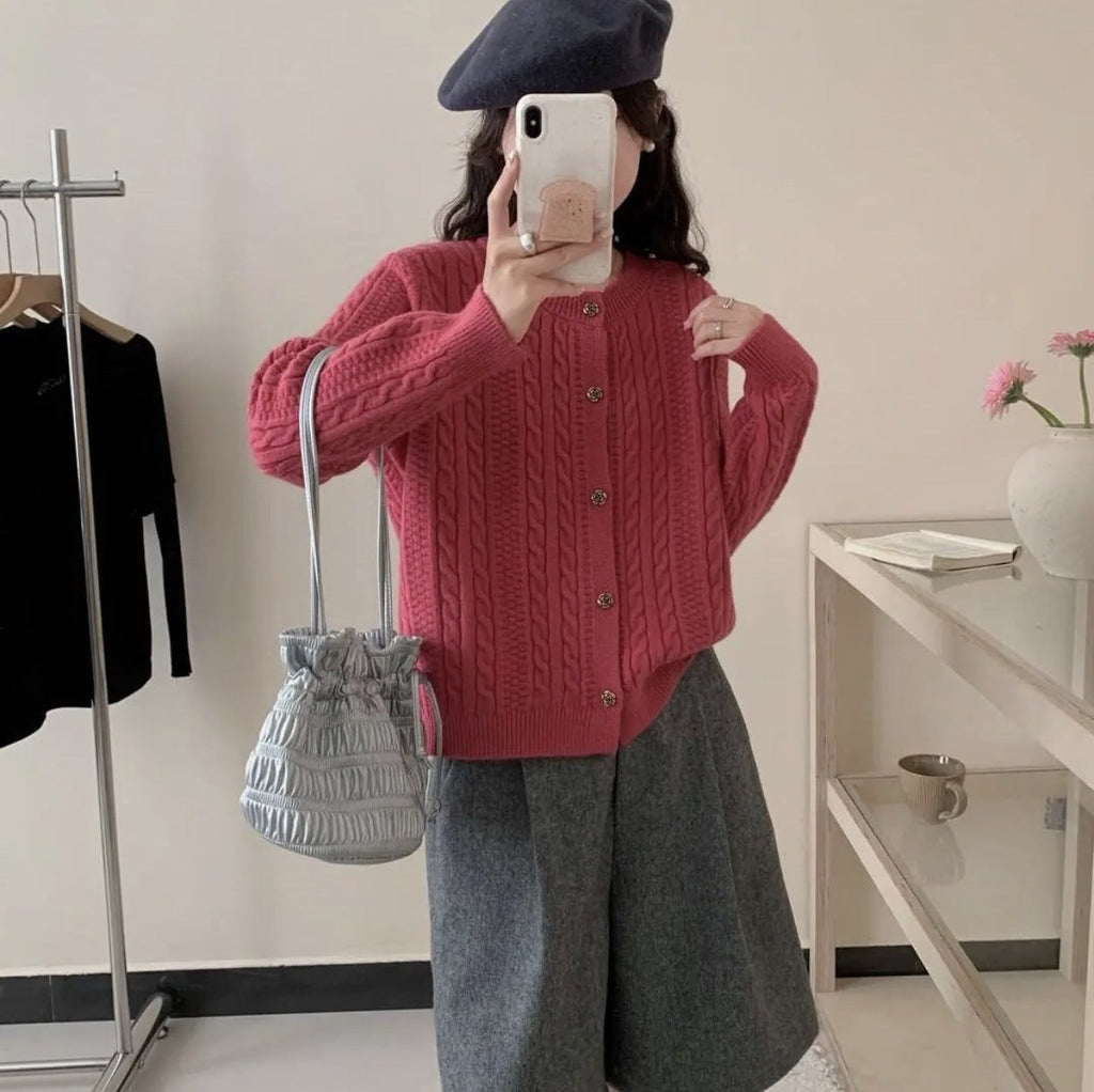 Retro Rose Flower Button Small Twist Knitwear Jacket For Women 2025 Autumn And Winter New Fashion Versatile Knitwear Cardigan