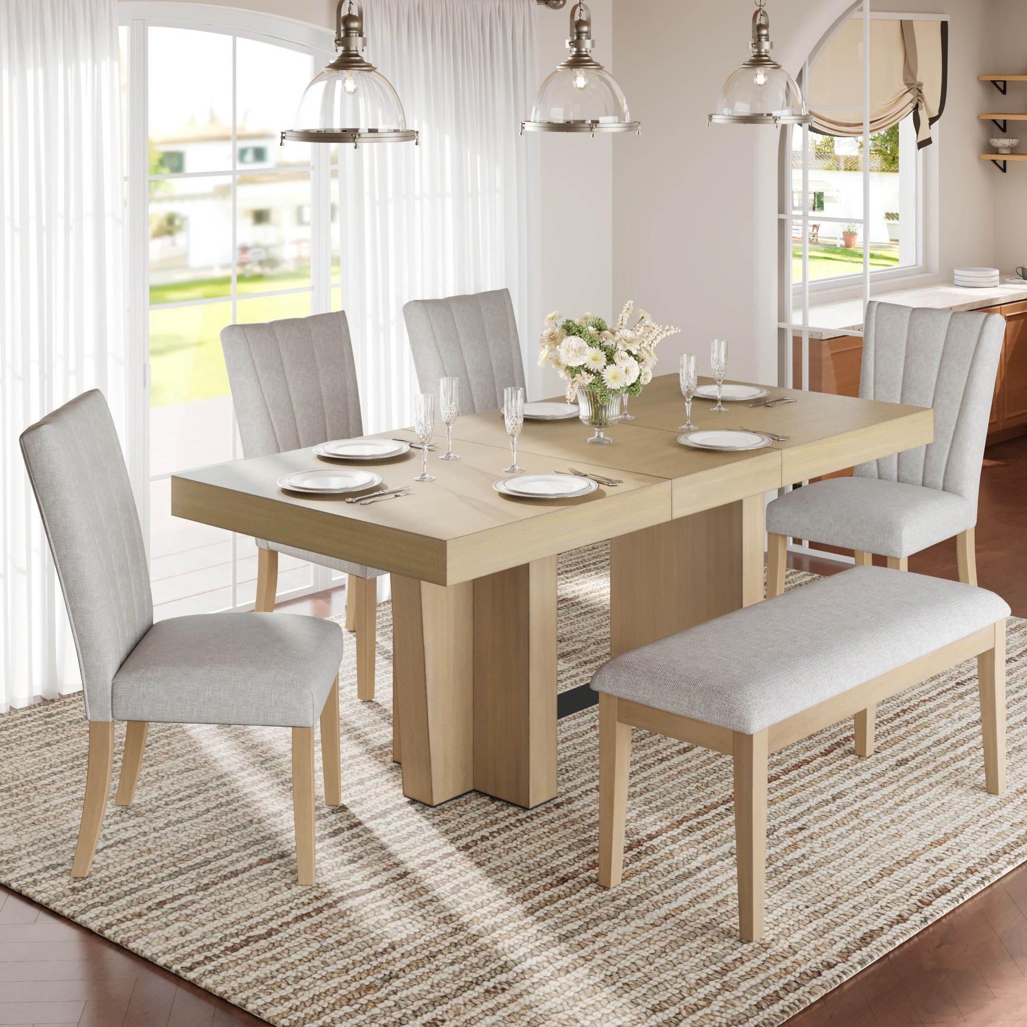 TOPMAX Farmhouse 76.0inch Extendable Wood Dining Table Set for 6