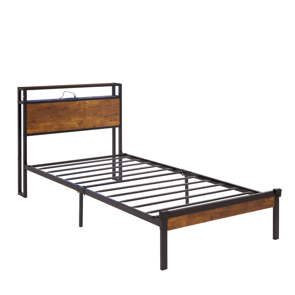 Twin Size Metal Platform Bed Frame with Wooden Headboard
