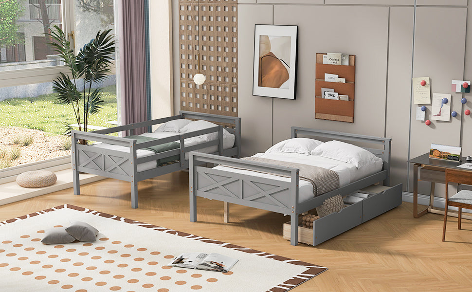 Twin Over Full Bunk Bed with Ladder, Two Storage Drawers, Safety Guardrail