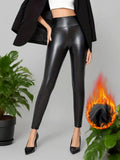 Women Matte Faux Leather Leggings, High Waisted Stretch PU Pants, Slim Fit Skinny Matte Trousers For Daily Casual