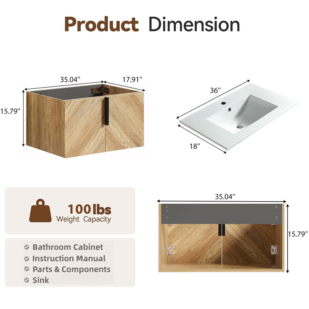 36 Inch Wall-Mounted Bathroom Vanity with 3D Fluted Panel