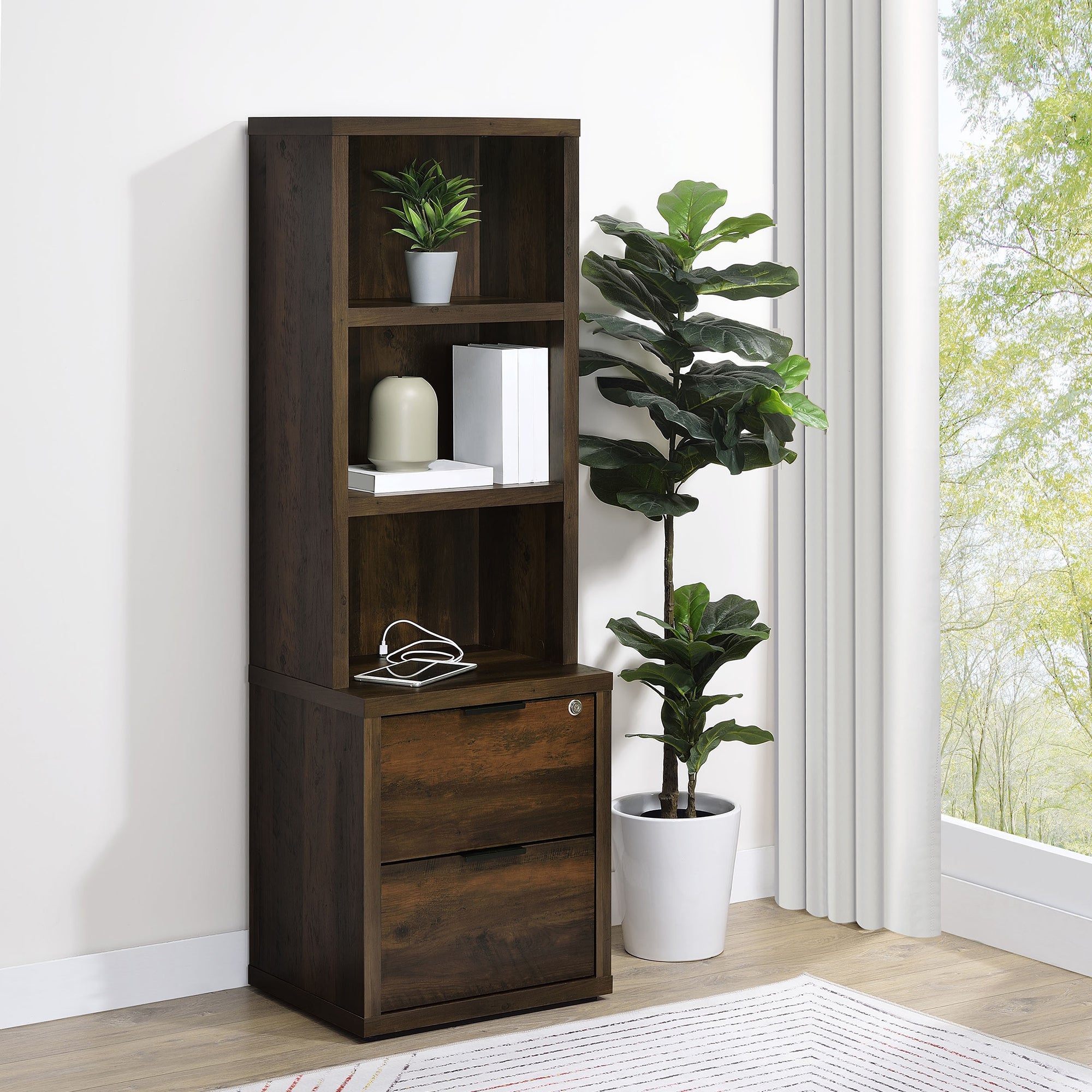 Geary Dark Pine 3-Shelf Bookcase USB and Lockable Drawer